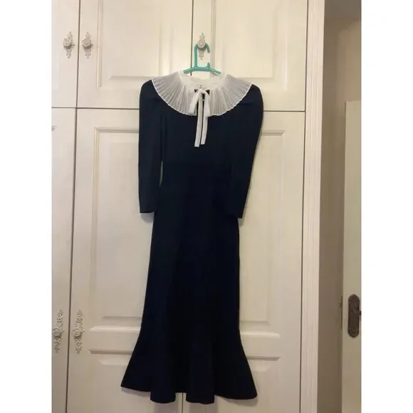 Japan Fashion White Pleated Collar Black Knit Maxi Dress, Womens SIze XS - Picture 2 of 3